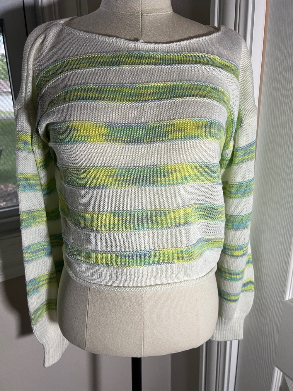 Pink Rose White Knit Sweater with Green & Yellow Stripes